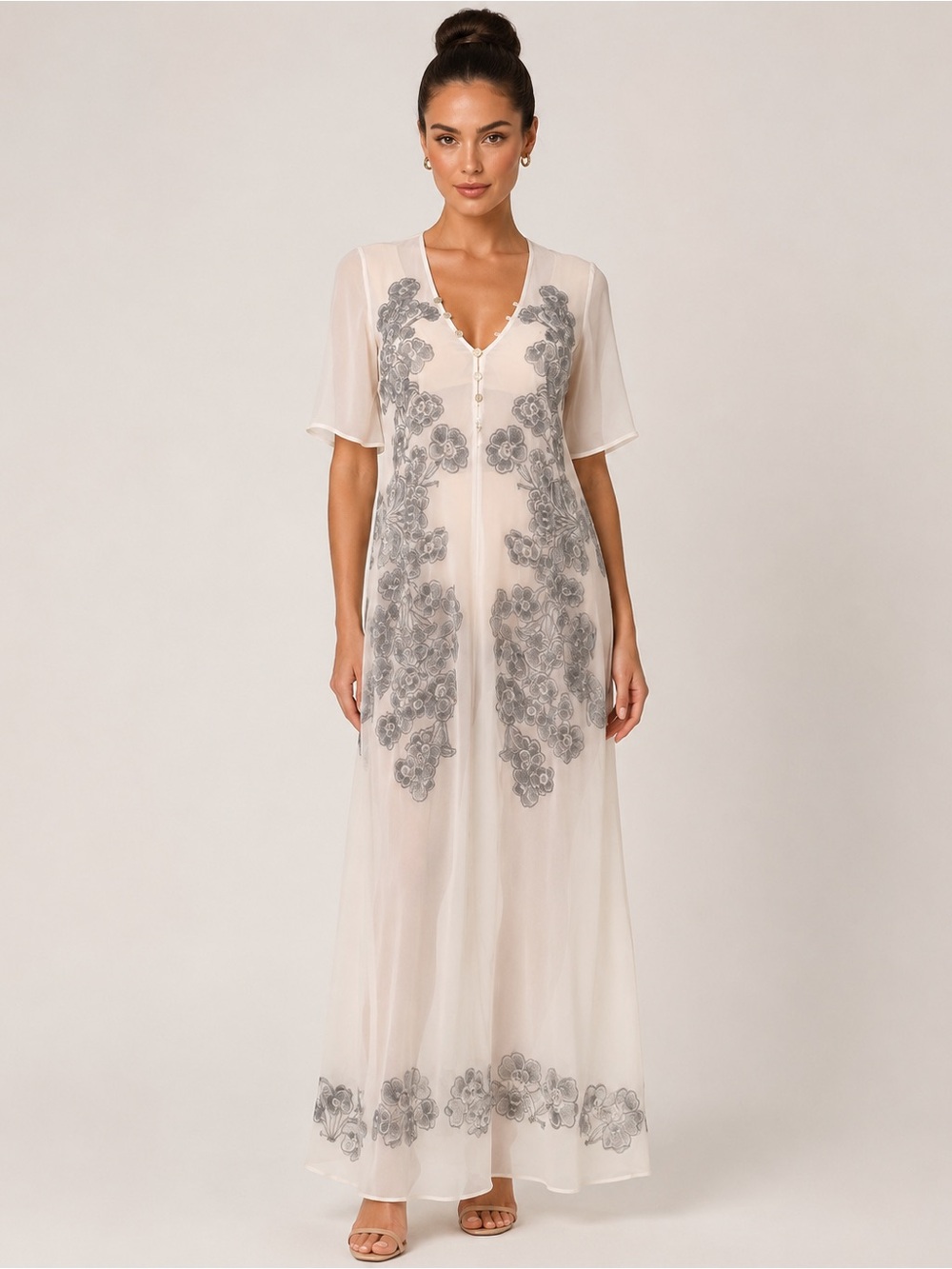 For Love & Lemons Sheer Ivory Floral Embroidered Maxi Dress Cover Up in M